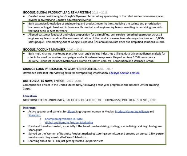 Marked-up great product marketing resume